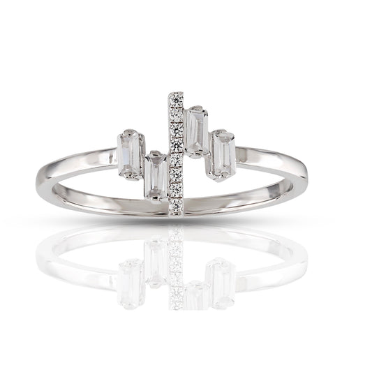 925 Silver CZ Round Diamond and Baguette Diamond Ring
