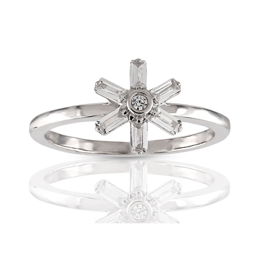 925 Silver CZ Round Diamond and Baguette Diamond Star Ring
