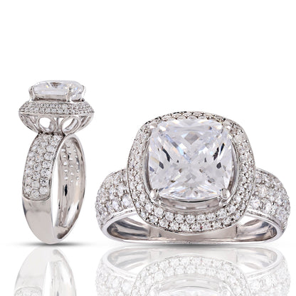 925 Silver Cz Round & Cushion Diamond Halo Engagement Ring