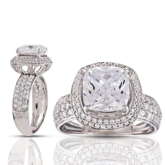 925 Silver Cz Round & Cushion Diamond Halo Engagement Ring