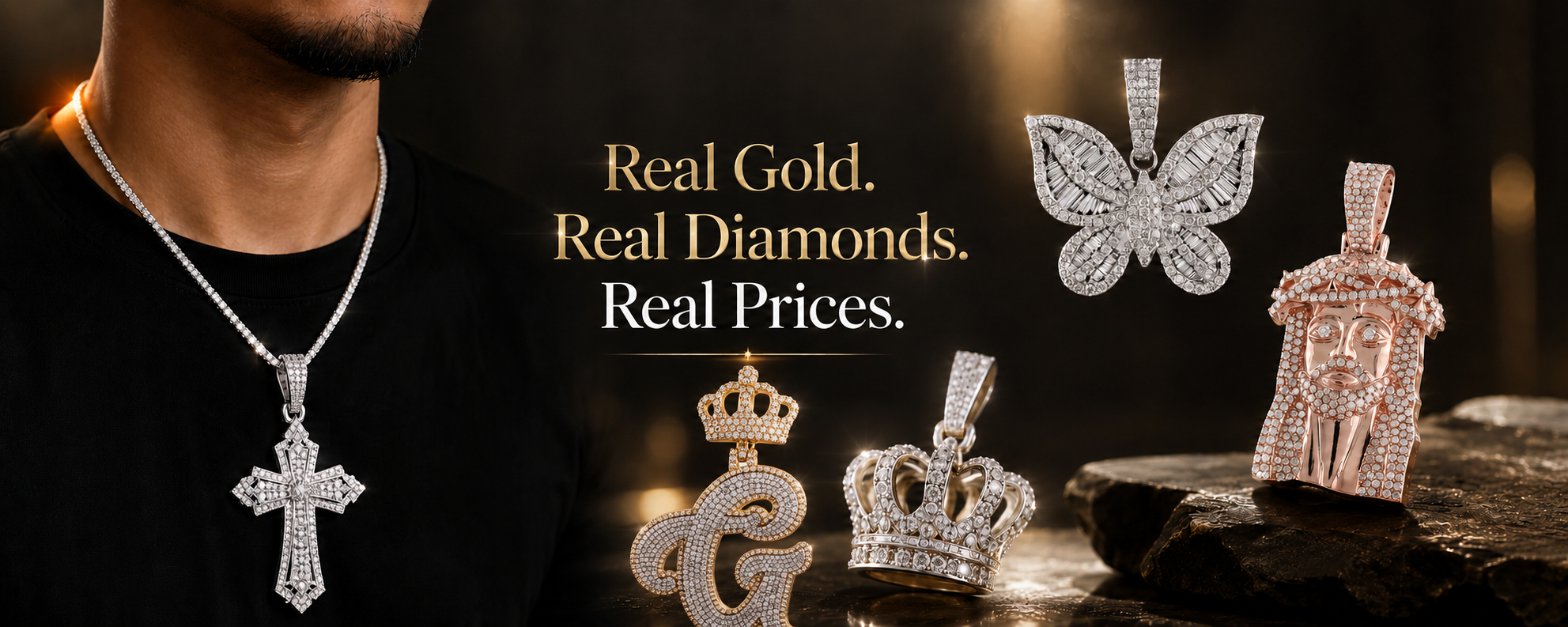 A promotional jewelry display showing several diamond-encrusted pendants, including a cross on a black shirt, a butterfly, crowns, and a small angel figure, with the text 'Real Gold. Real Diamonds.