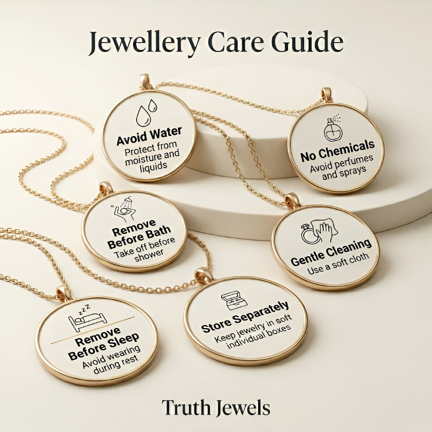 Jewellery care guide with pendant instructions on a neutral background, featuring the brand 'Truth Jewels'.