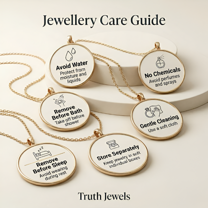 Jewellery care guide with pendant instructions on a neutral background, featuring the brand 'Truth Jewels'.
