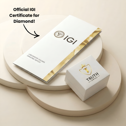 IGI certificate and Truth Jewels box on a beige surface