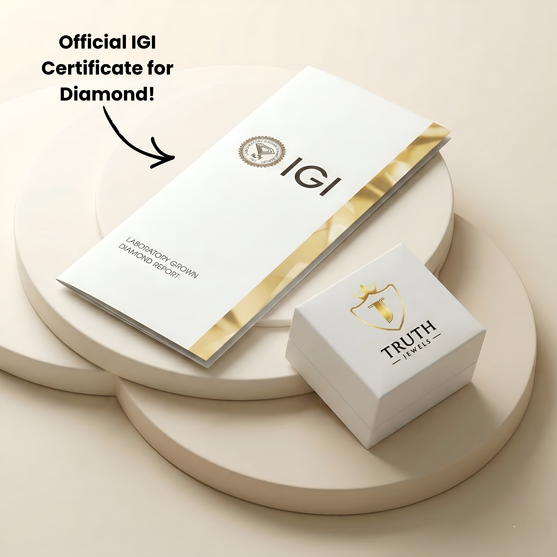 IGI certificate and Truth Jewels box on a beige surface