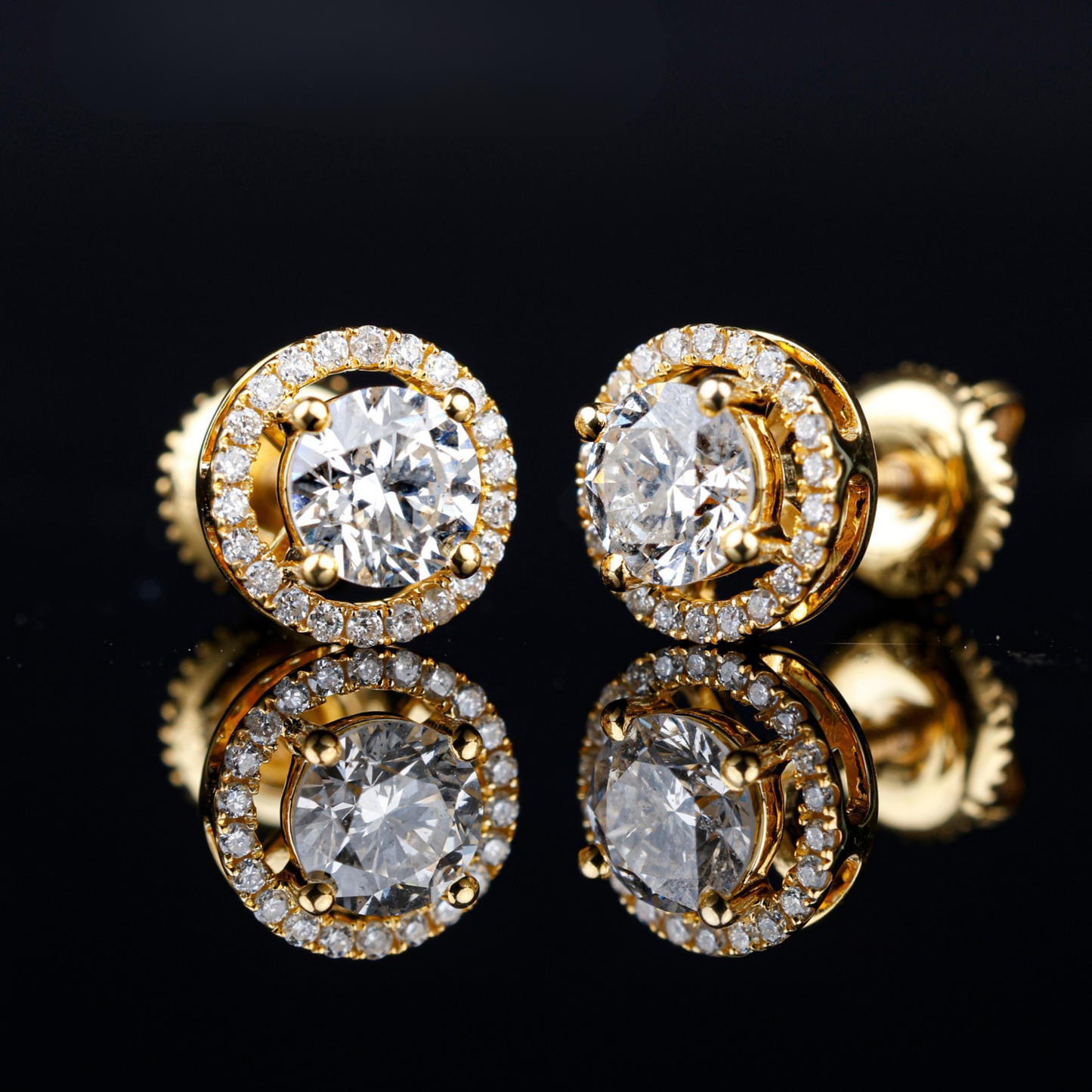 Yellow Gold Round Diamond Halo Stud Earrings | Classic Luxury Everyday Diamond Studs