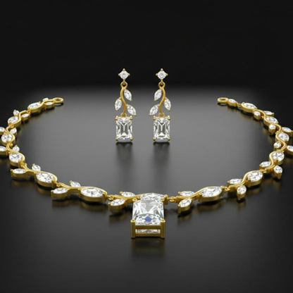 8.10 CTW Emerald, Marquise ,Round Lab Grown Diamond Bridal Necklace & Earrings Set