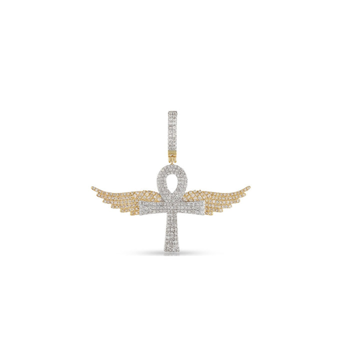 A pendant featuring a gold-colored cross with angel wings on top, adorned with round diamonds.