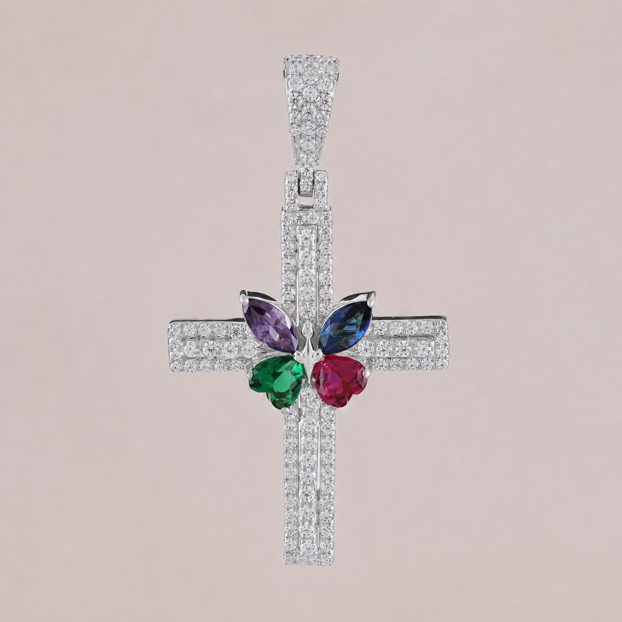 Multi-Color Butterfly Diamond Cross Pendant in Gold