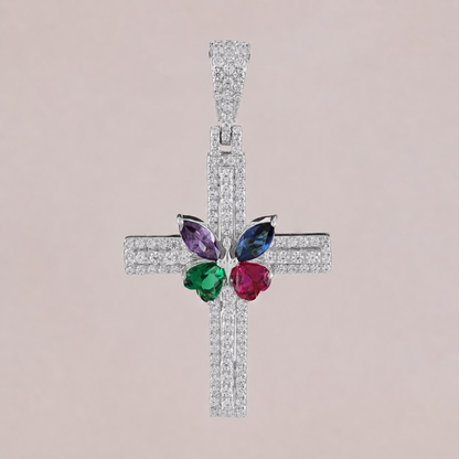Multi-Color Butterfly Diamond Cross Pendant in Gold