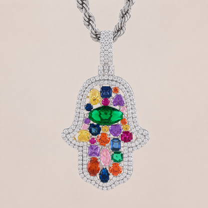 Multicolored gemstone pendant on a beige background