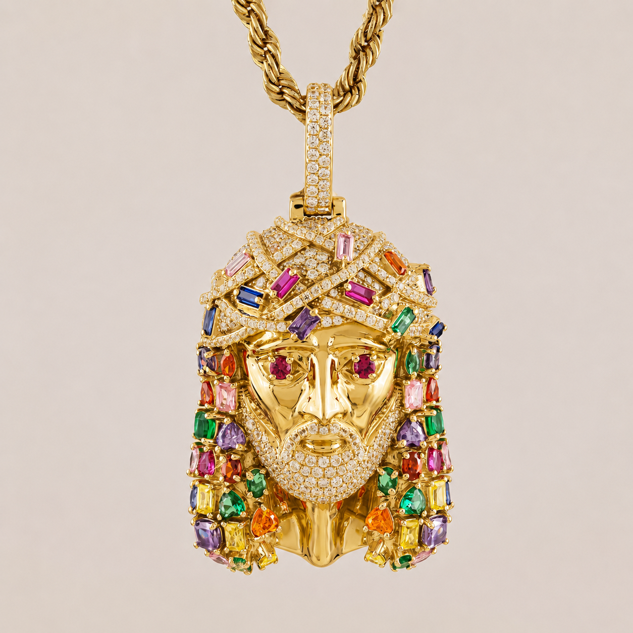 Multi-Color Jesus Face Diamond Pendant in White Gold with 6.1CTW