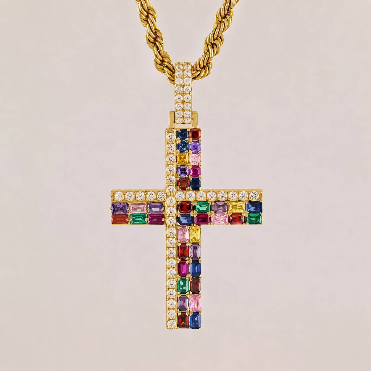 Gold Rainbow Diamond Cross Pendant with 4.1CTW Multi-Color Diamonds