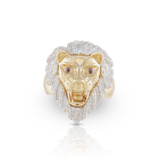 14K Yellow Gold Round Diamond Lion Head Ring