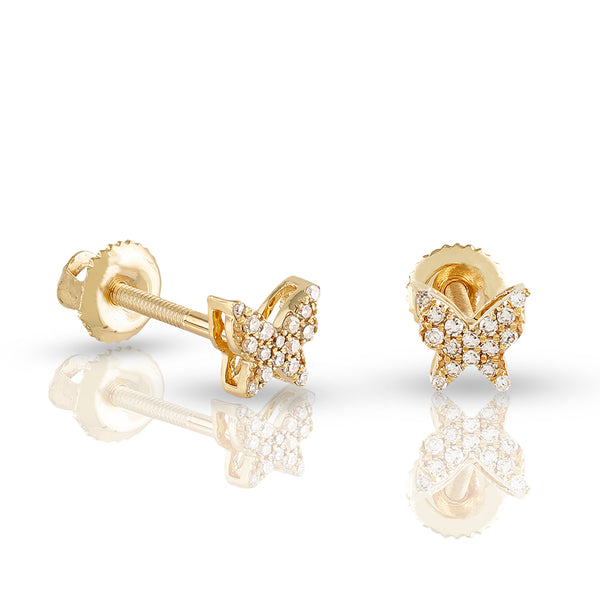 A pair of gold-toned butterfly-shaped stud earrings encrusted with diamonds.