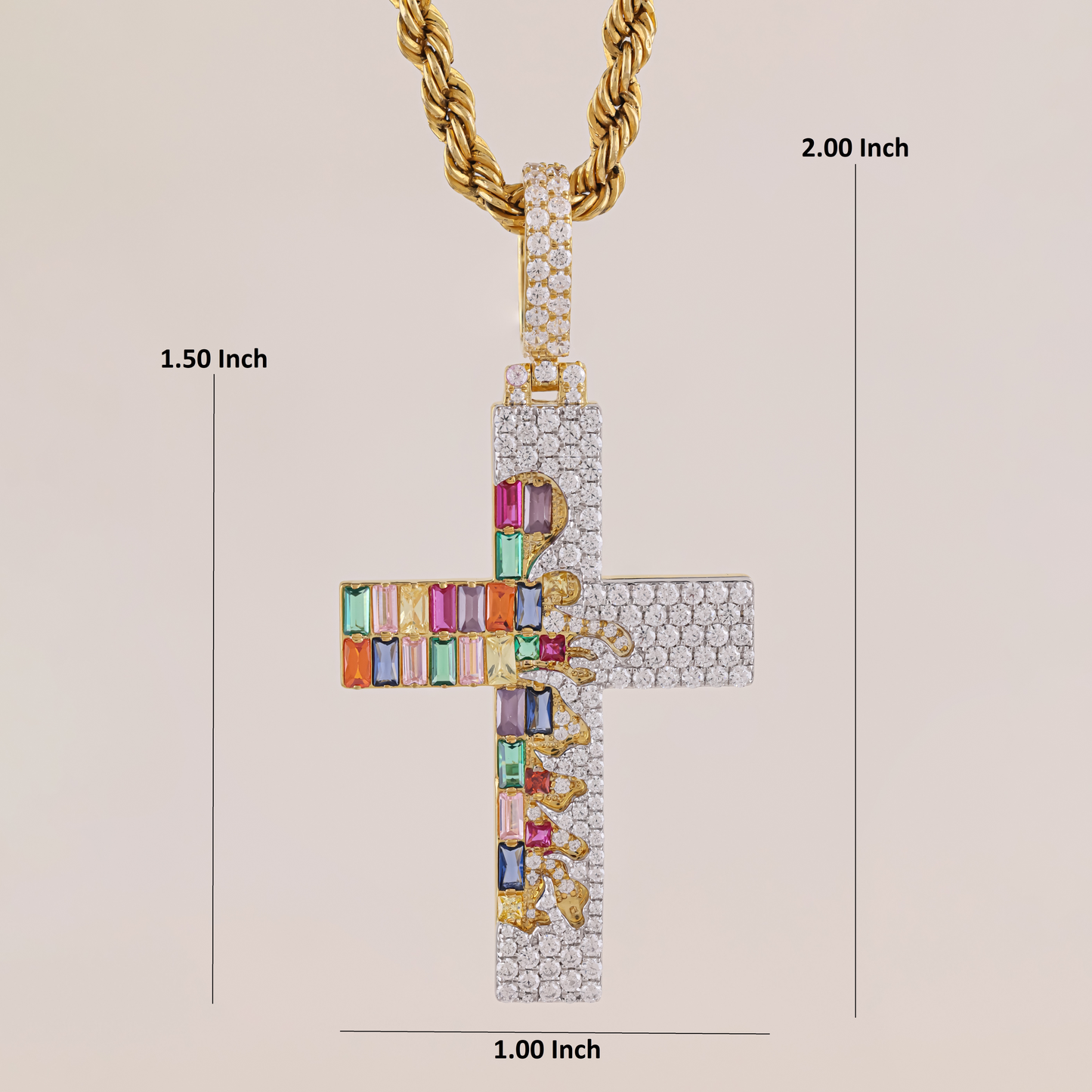 Gold cross pendant with colorful gemstones and measurement labels on a beige background
