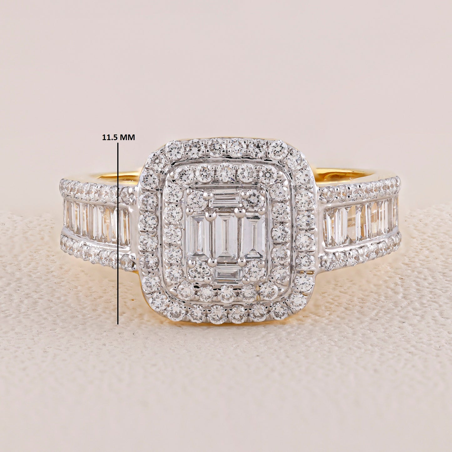 Diamond ring with a measurement label on a light background