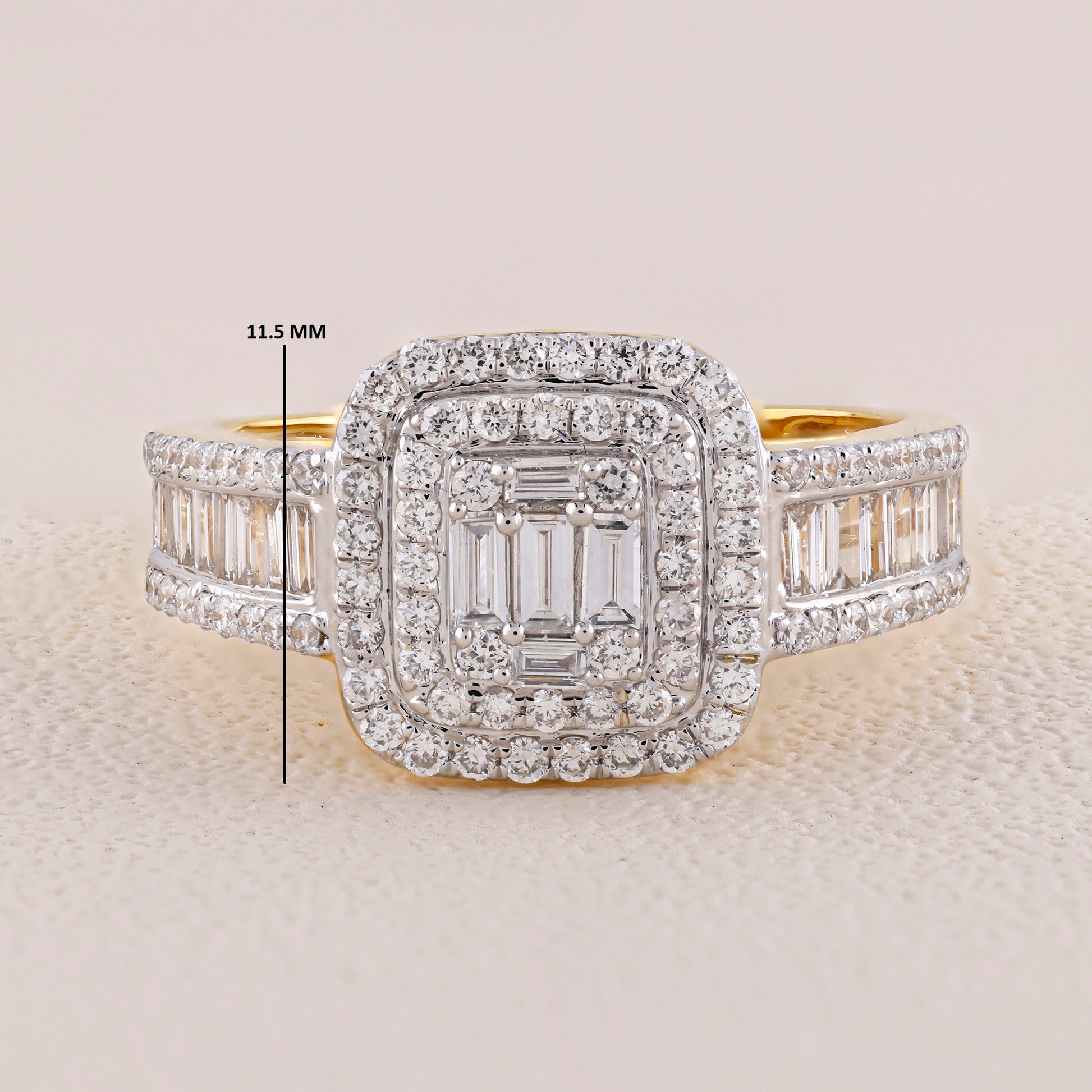 Diamond ring with a measurement label on a light background