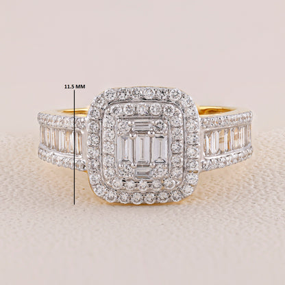 Diamond ring with a measurement label on a light background