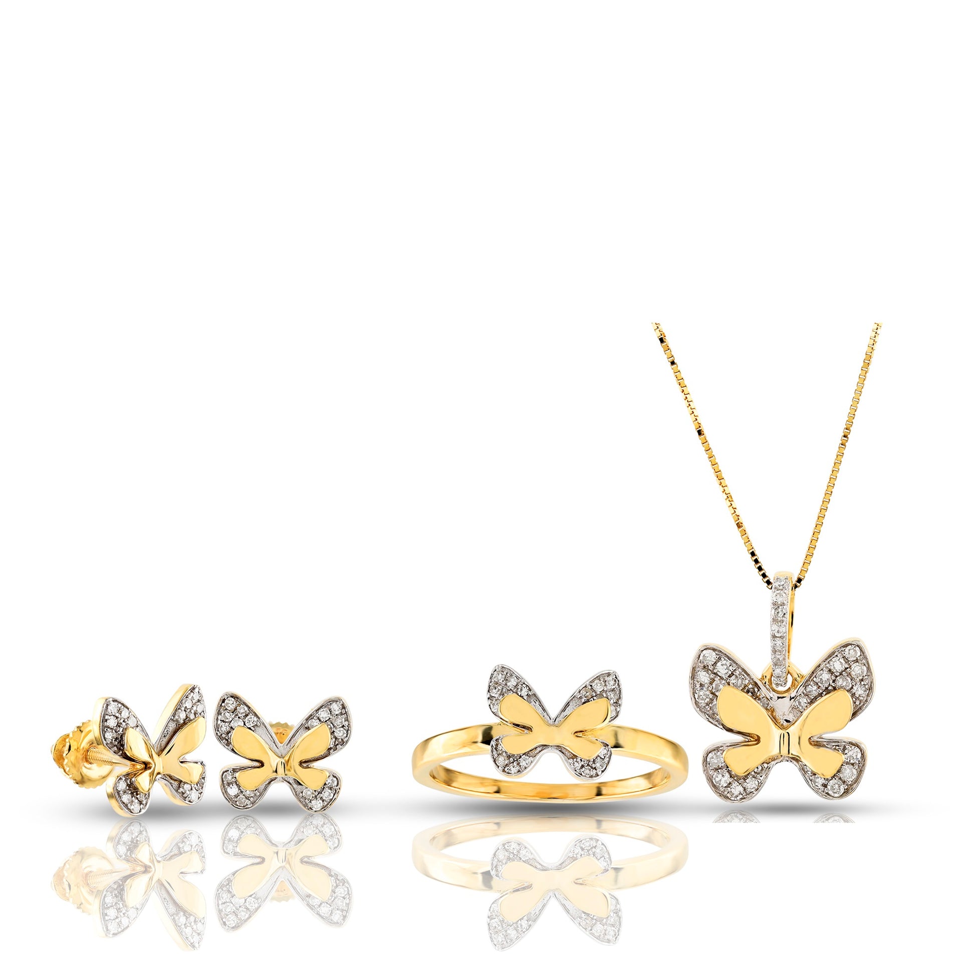Butterfly-themed jewelry set including earrings, ring, and pendant on a white background