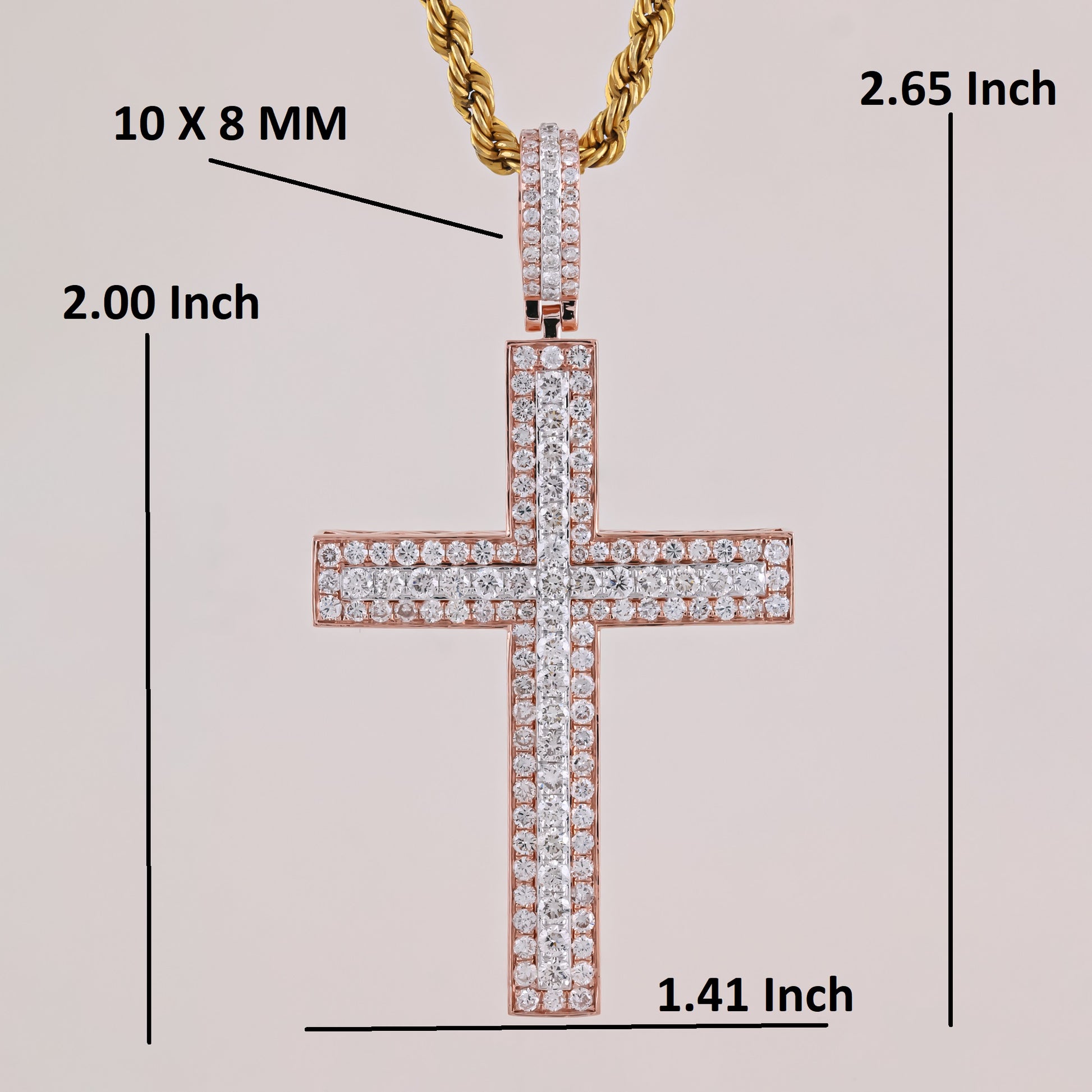 Rose gold cross pendant with diamond accents and chain, shown with measurements on a light pink background.