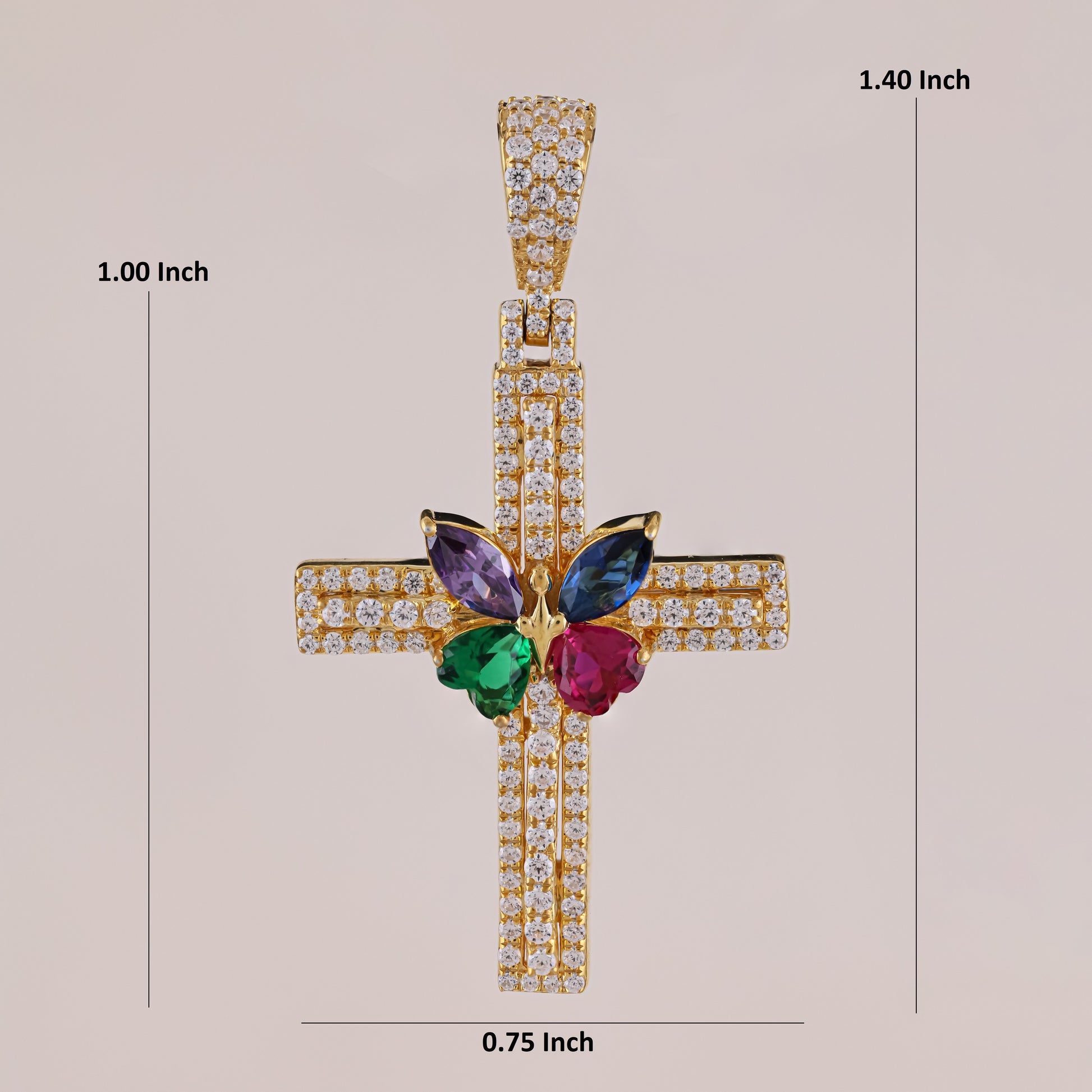 Gold cross pendant with colorful gemstones and measurements on a gray background