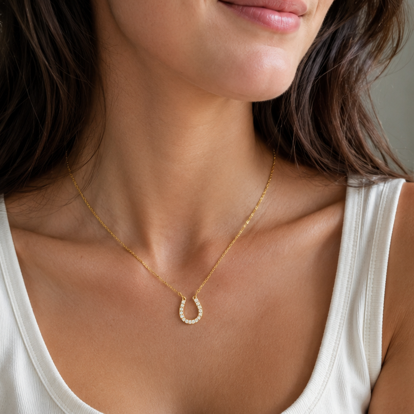 A close-up of a woman wearing a delicate gold necklace with a horseshoe-shaped pendant adorned with small clear stones, paired with a white ribbed tank top.