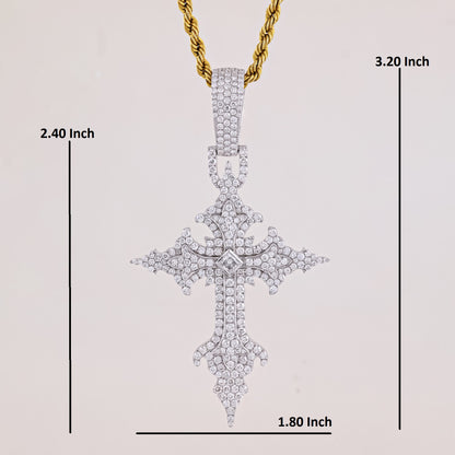 Diamond-studded cross pendant with gold chain, measurements indicated on a light gray background