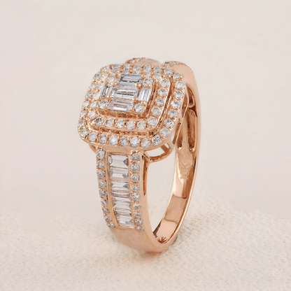 Rose gold ring with diamond accents on a beige background