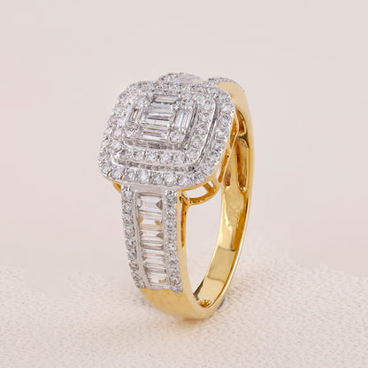 Gold ring with diamond accents on a light gray background