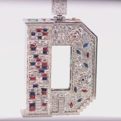 19CT Diamond D Initial Pendant With Floral Rose & Cityscape Design