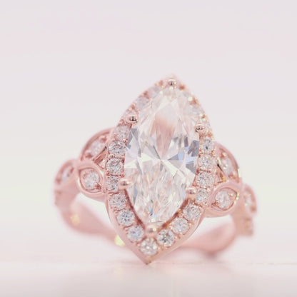 10KT Gold 3CT Marquise Halo Lab Diamond Statement Ring video