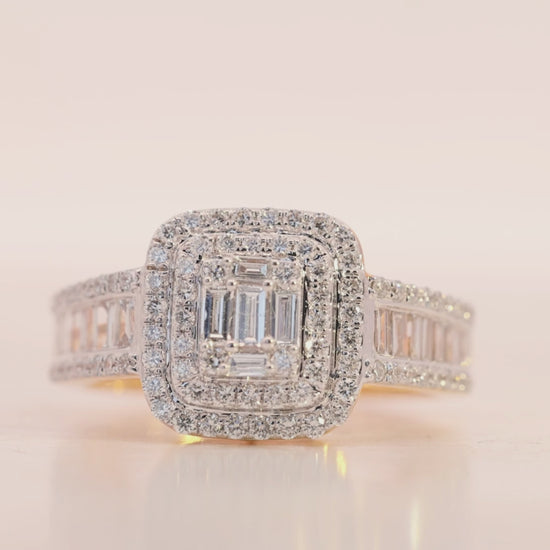 10KT Gold Double Halo Baguette Lab Diamond Ring for Women's (0.9 CT) Video