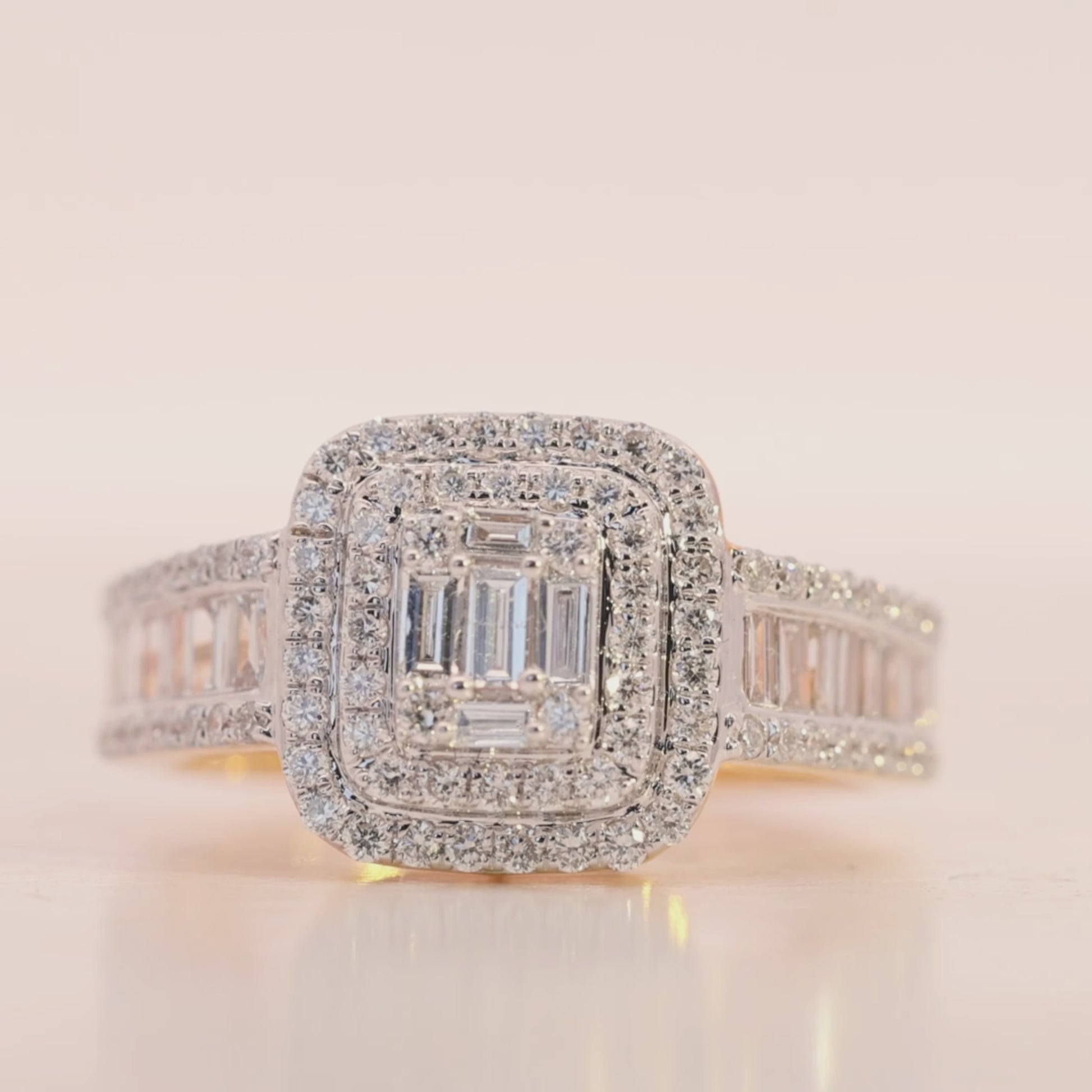 10KT Gold Double Halo Baguette Lab Diamond Ring for Women's (0.9 CT) Video