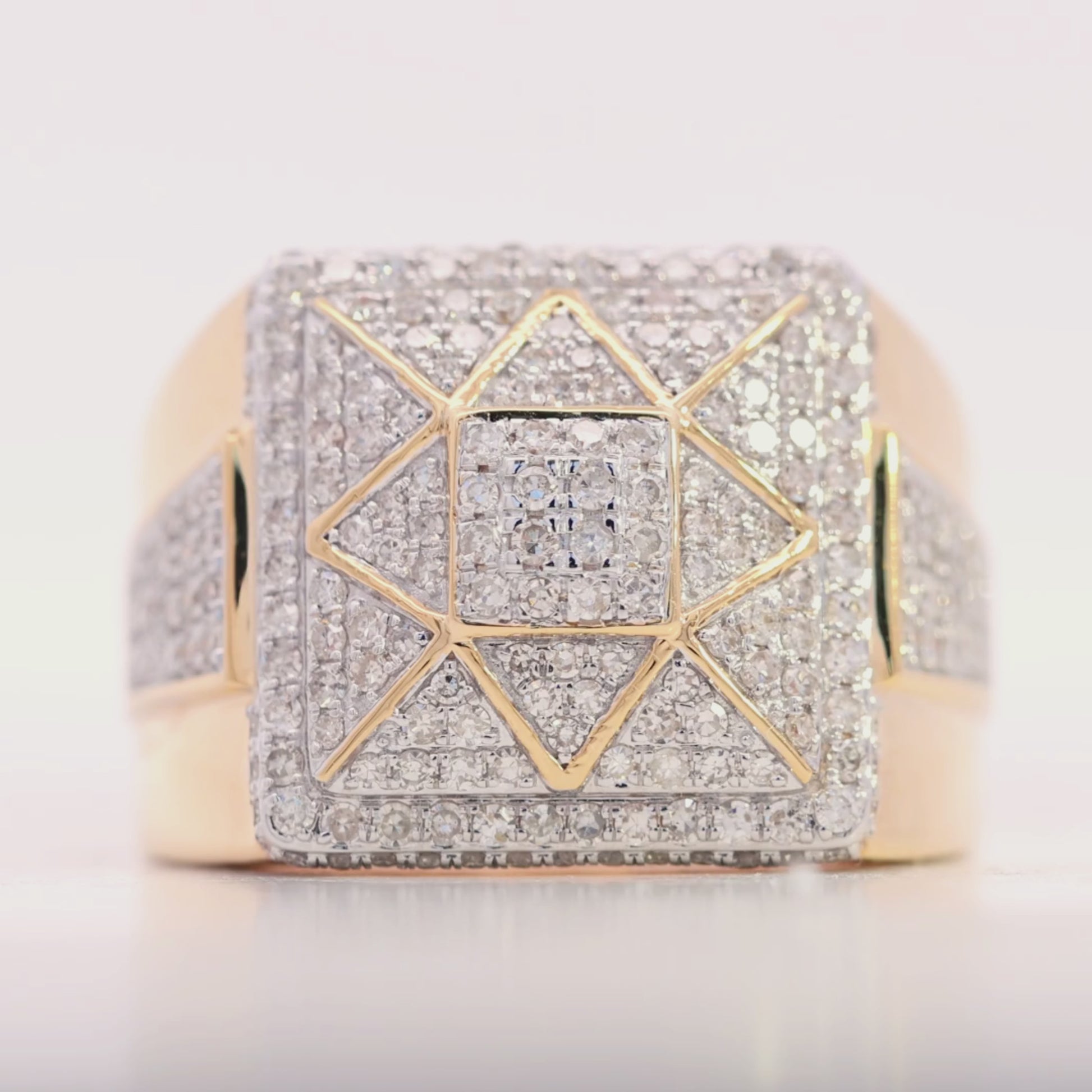 10KT Yellow Gold Geometric Cluster Lab Diamond Statement Ring (1.50 CT) For Men's video
