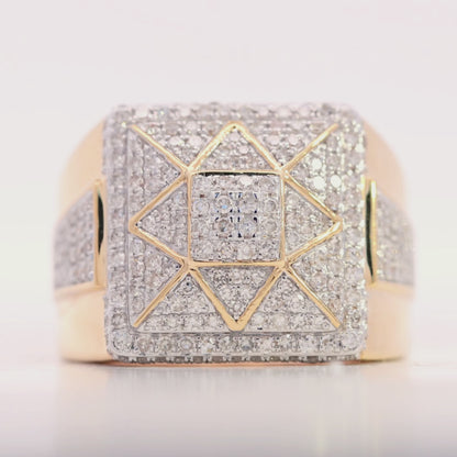 10KT Yellow Gold Geometric Cluster Lab Diamond Statement Ring (1.50 CT) For Men's video