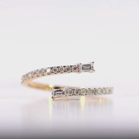 10KT Yellow Gold Open Wrap 0.1CT Baguette & Natural Diamond Ring Video