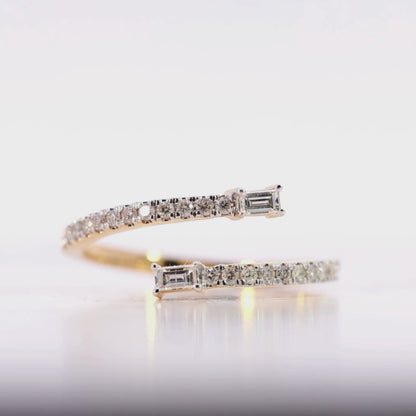 10KT Yellow Gold Open Wrap 0.1CT Baguette & Natural Diamond Ring Video