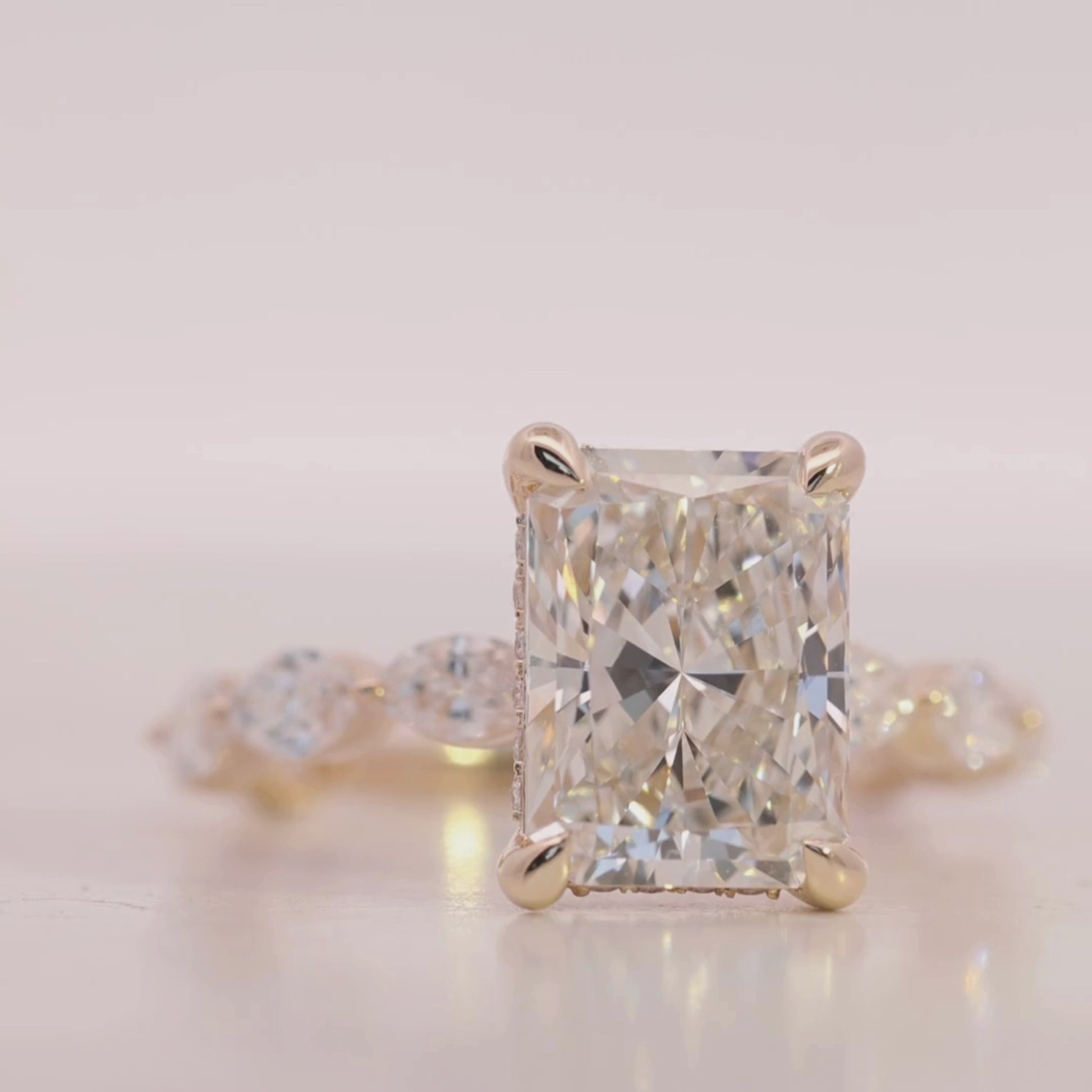10KT Gold Emerald Cut Lab Diamond Engagement Ring with Marquise Band (4.10 CT) Video