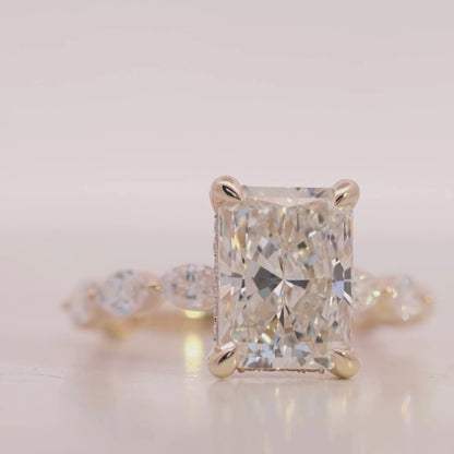 10KT Gold Emerald Cut Lab Diamond Engagement Ring with Marquise Band (4.10 CT) Video