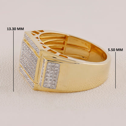 Gold ring with diamond accents and measurements on a light gray background