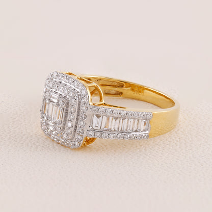 Gold ring with diamond accents on a beige background