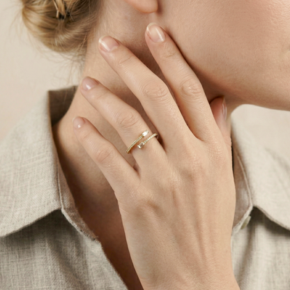 Close-up of a hand wearing a gold ring with a soft focus background