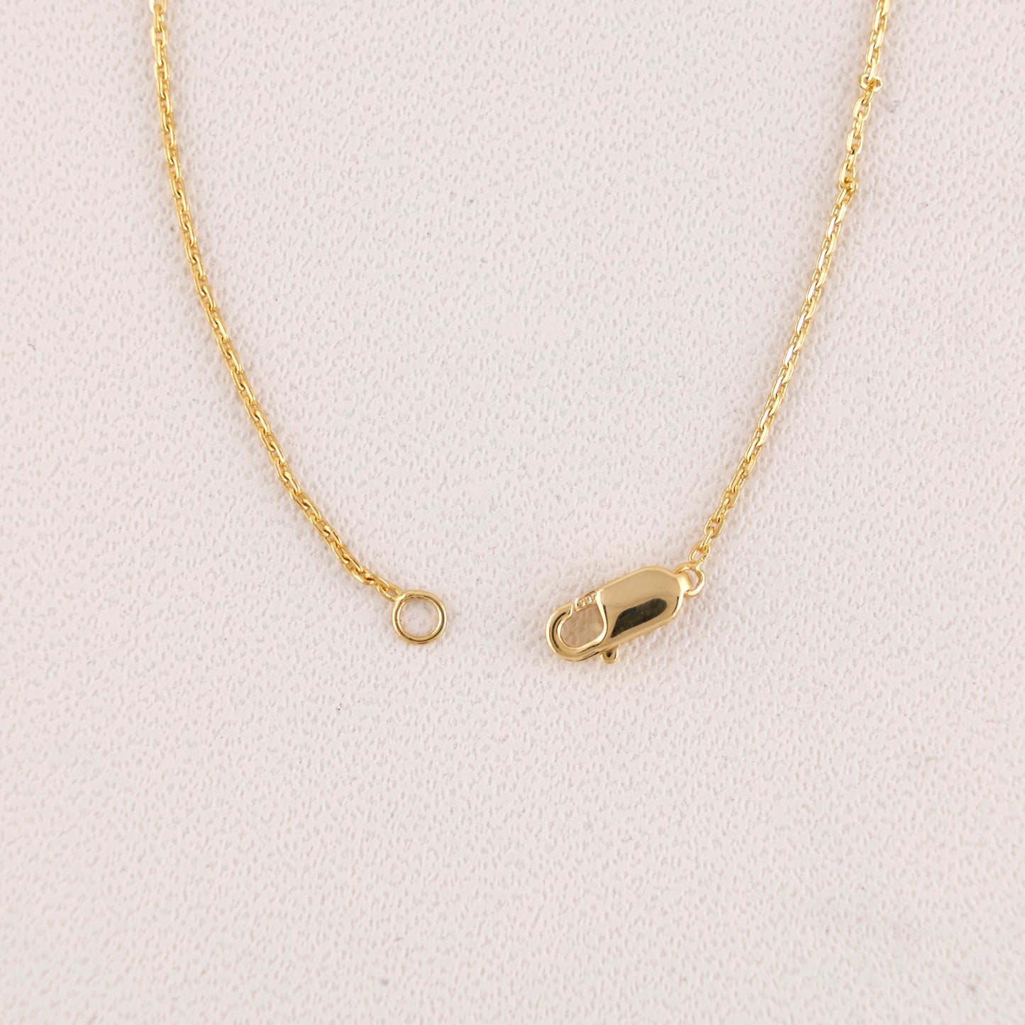 Gold necklace with clasp on a light gray background