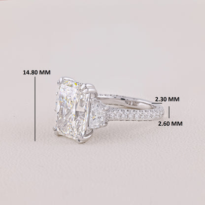 Diamond ring with measurements on a light gray background
