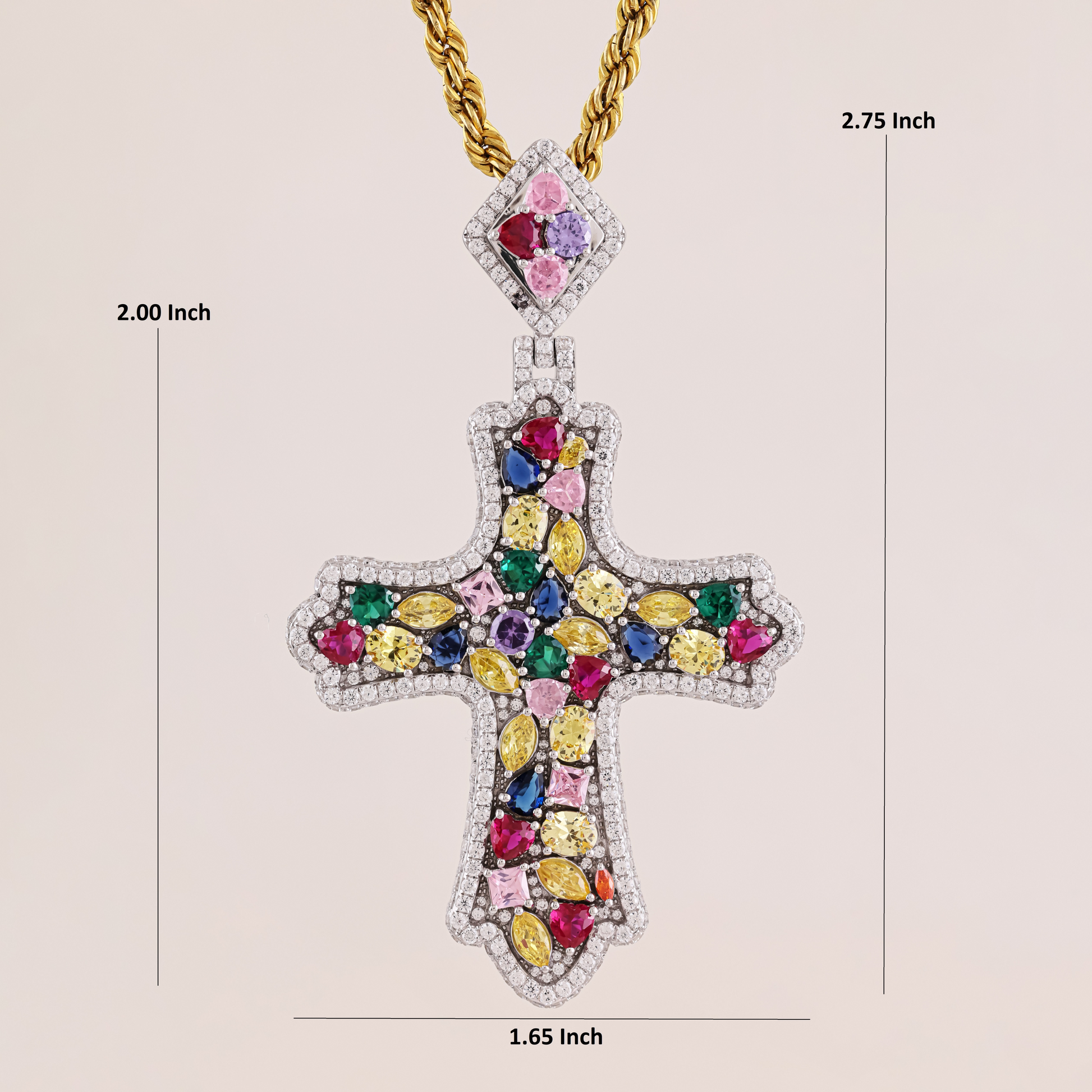 Colorful cross pendant with gemstones and gold chain, shown with measurements on a beige background.