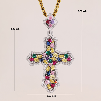 Colorful cross pendant with gemstones and gold chain, shown with measurements on a beige background.