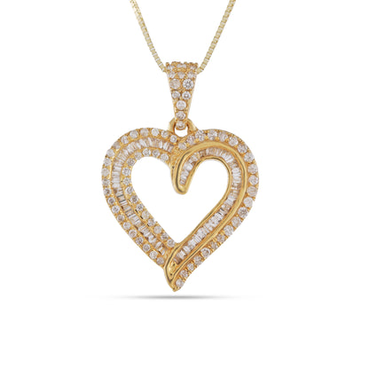 Round & Baguette Diamond Heart Pendant