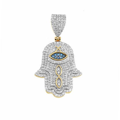 A yellow gold diamond hamsa pendant with a blue eye design, encrusted with small diamonds.