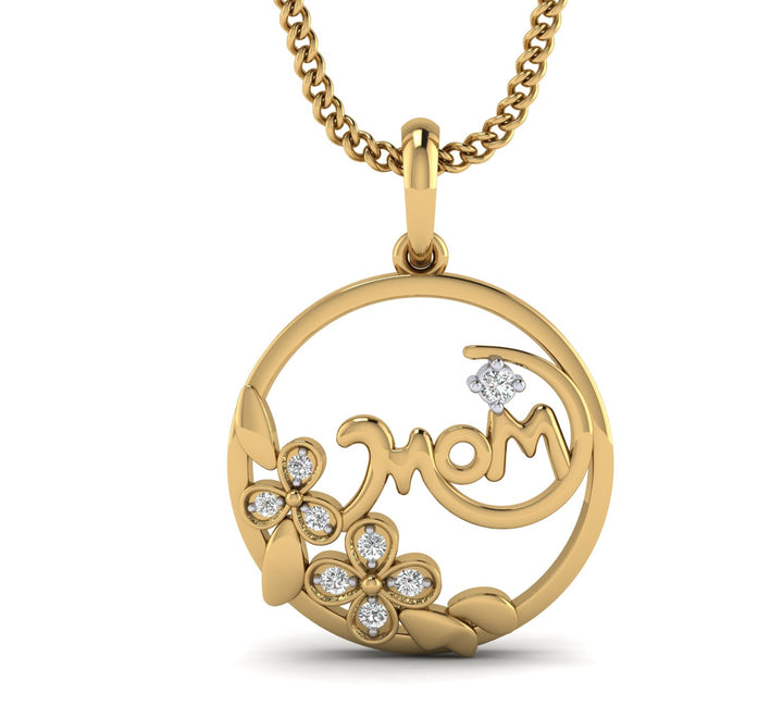 A gold-colored pendant necklace with the word 'Mom' in the center, surrounded by small white natural diamonds, attached to a gold chain.